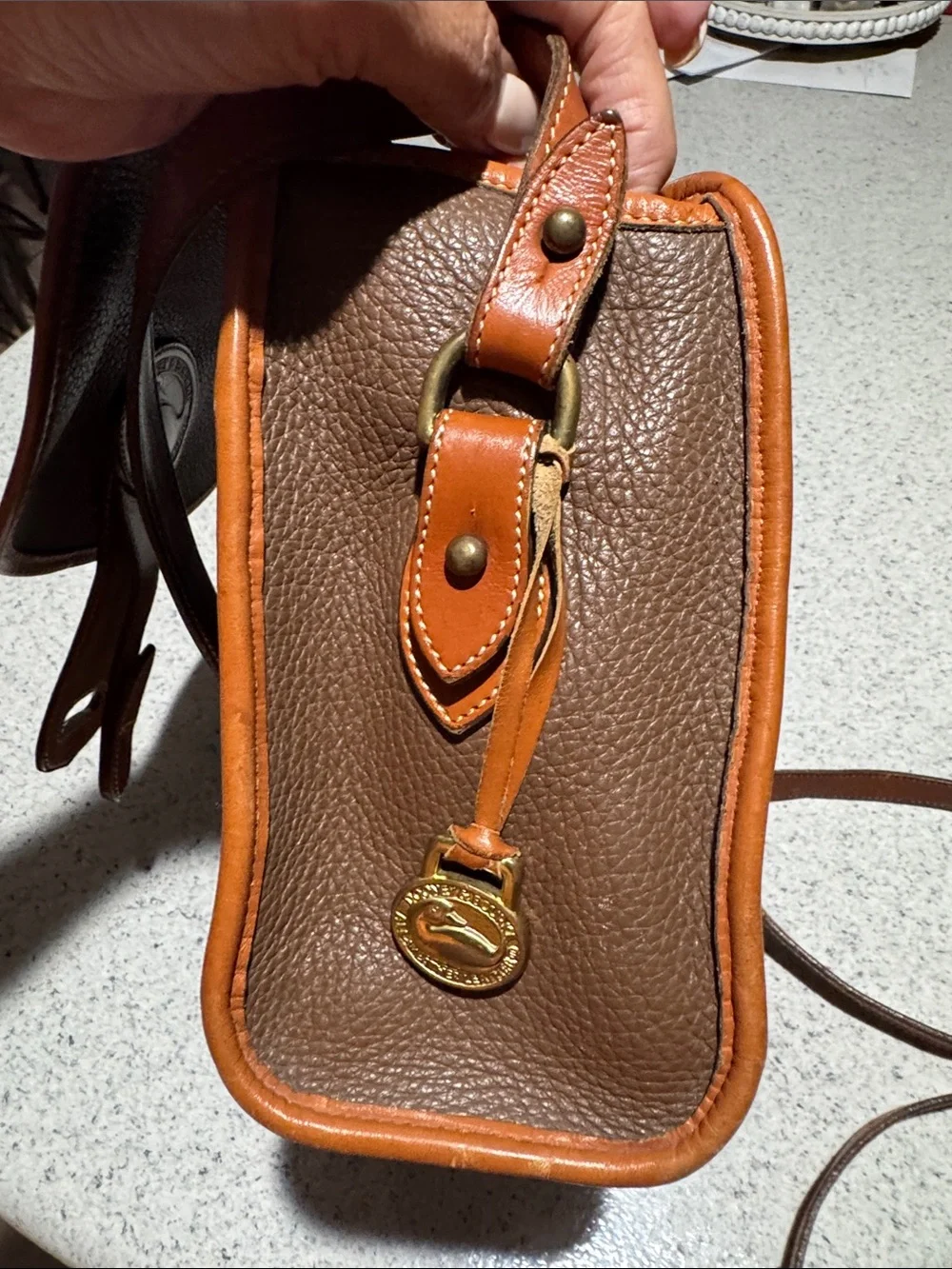 Dooney & Bourke Brown Pebbled Leather Messenger with Tan Trim